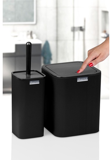 Okyanus Home Mina Siyah Çizgili Kare 2'li Wc Kova Ve Fırça Seti Siyah