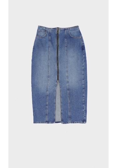 Orta Mavi Fermuarlı Jean Kalem Etek C 4532-037 Orta Mavi