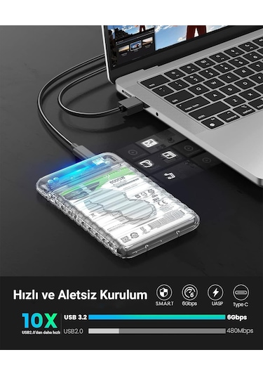 Orico Usb3.2 Gen2 6gbps Type-c 2.5 İnch Sata Ssd Hard Disk Kutusu Şeffaf