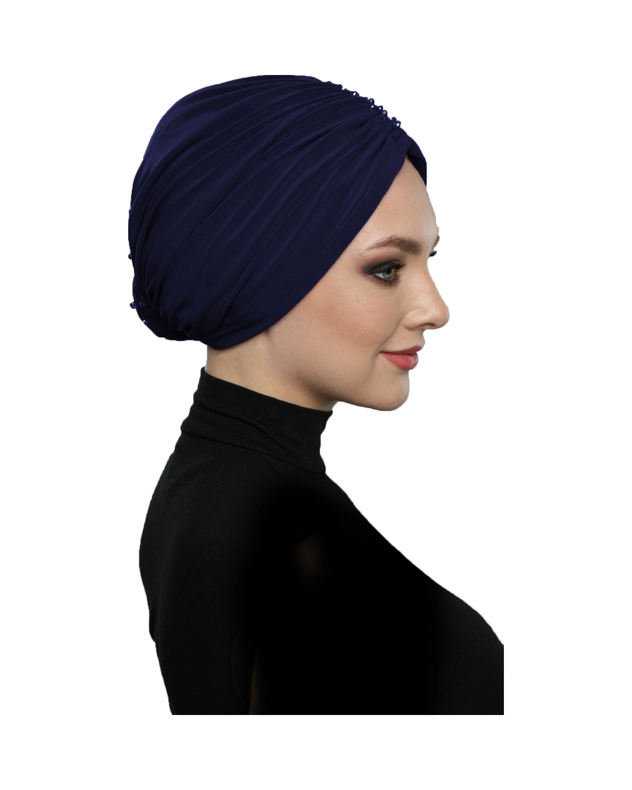 Kristal Yelpaze Taş Işlemeli Çift Taraflı Astarlı Lacivert Hazır Türban Tesettür Abiye Bone Lacivert