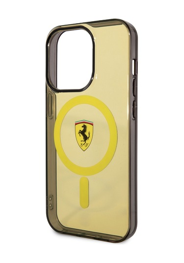 İphone Uyumlu 14 Pro Max Kılıf Ferrari Magsafe Şarj Özellikli Yarı Transparan Dizayn Kapak Sarı
