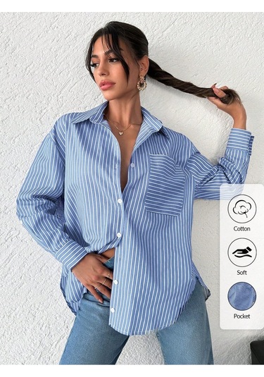 Çizgili Oversize Gömlek Mavi Mavi