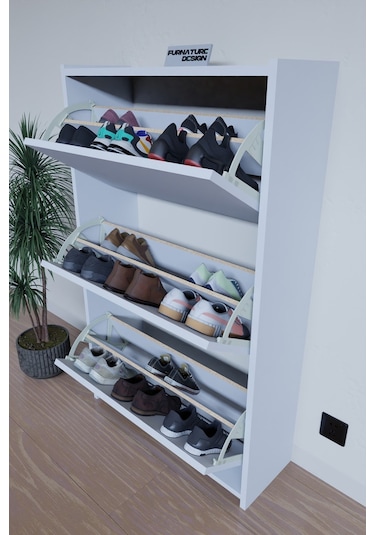 Düşer Kapak Duvara Monte Kayar 3 Raflı Ayakkabılık - Beyaz Diğer