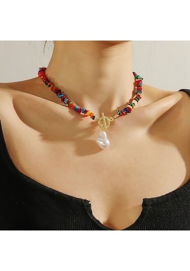 Boho Renkli Kırık Doğal Taş Kolye, Model: N2105-20 Mavi-yeşil Taşlar Çok Renkli