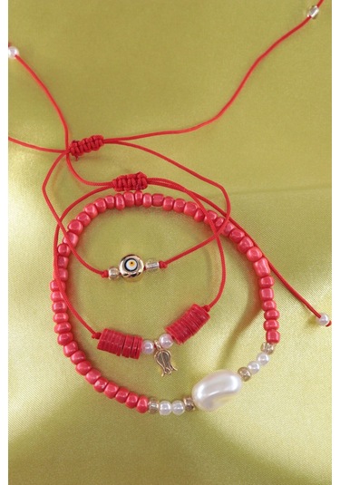 3lü Laleli İncili Nazar Boncuklu Asansörlü Lastikli İp Bileklik. Boncuklu Kadın İp Bileklik Halhal Çok Renkli