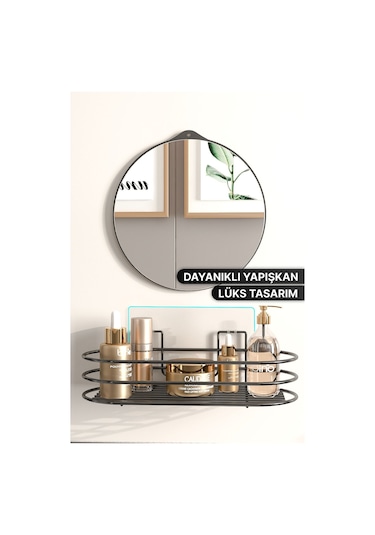 Banyo Düzenleyici 2 Li Set Ayna Ve Organizer Yapışkanlı Lüks Tasarım Ayna Kozmetik Rafı Siyah