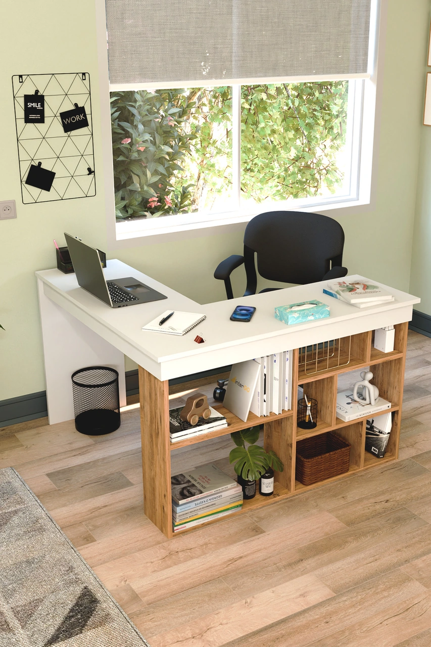 Corn Köşe Çalışma Masası Raflı Bilgisayar, Ofis Masası Beyaz - Atlantik Çam Beyaz - Atlantik Çam