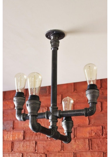 Demir Boru Sarı Ampulden, Endüstriyel Malzeme Rustik Avizel Siyah