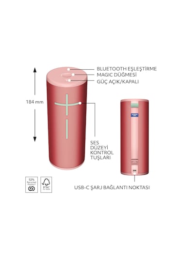 Ultimate Ears Boom 4 Taşınabilir Su Geçirmez Bluetooth Hoparlör, 360 Derece, 15 Saatlik Pil Ömürlü - Pembe