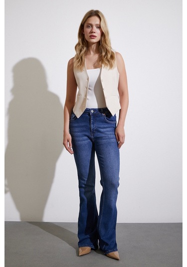 Never More Yüksek Bel İspanyol Paça Jean Lacivert Lacivert