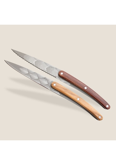 2 Deejo Paring Knives, Olive And Coral Wood / Art Deco Kahverengi