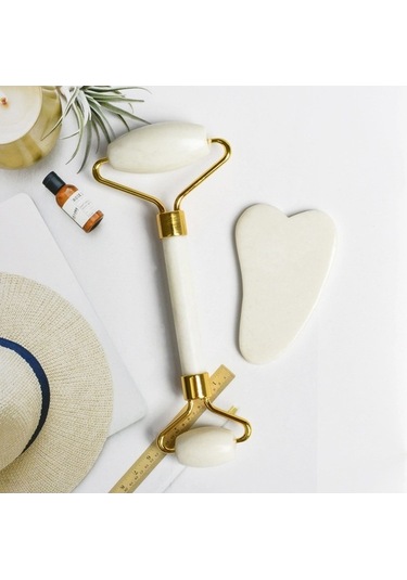 Dm Doğal Yeşim Çift Kafa Masaj Silindiri + Guaşa Tahta Yüz Zayıflama & Yaşlanma Karşıtı Bakım Seti - Stil B Altın Altın