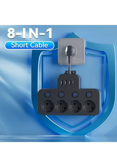 Xuweiwei 8li Avrupa Standart Güç Şeridi Siyah Aşırı Yük Korumalı 4 Ac Çıkış 3 Usb Port Duvara Monte Şarj İstasyonu Ev Ofis Seyahat İçin
