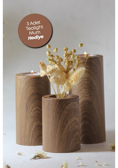 3 Lü Ahşap Kaplama Yüzey Mumluk Dekoratif Tealight Set Mum Abs P