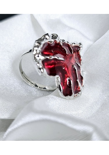 Dükkan Design Ayarlanabilir Kırmızı Mineli Büyük Boy Gotik Kalp Yüzük Kırmızı
