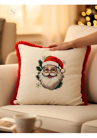 Noel Baba Nakışlı Fırfırlı Buldan Keteni Yastık Kılıfı 43 X 43 1 Adet Dolgusuz Çok Renkli