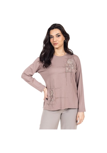 Yeni Sezon Kadın Orta Yaş Ve Üzeri Viskoz Kanaviçe İşlemeli Lüks Anne Penye Bluz 24311-vizon