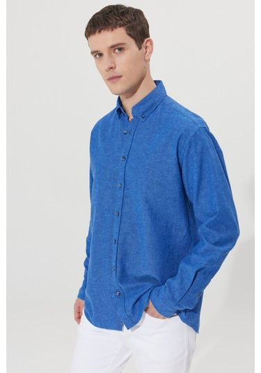 AC&Co / Altınyıldız Classics Erkek Lacı Comfort Fit Rahat Kesim Düğmeli Yaka Keten Gömlek Lacı Lacivert