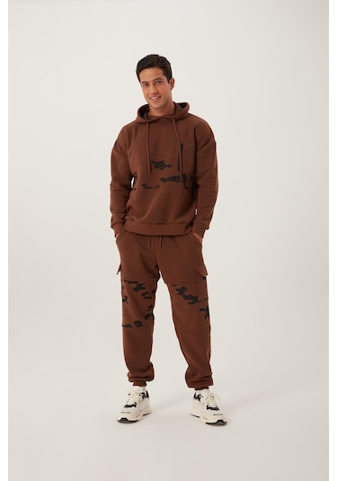 Polostate Erkek Kamuflaj Baskılı Kapüşonlu Sweatshirt Kahverengi