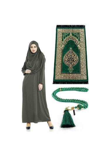 Tek Parça Namaz Elbisesi - Seccade - Tesbih - Ibadet Seti - Haki