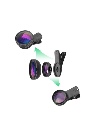 Samdoo Apexel Apl-0.45wm Cep Telefonu Lens Seti: 0.45x Geniş Açı + 12.5x Makro, Evrensel Klem, Temizlik Mendili Ve Taşıma Çantası - Siyah