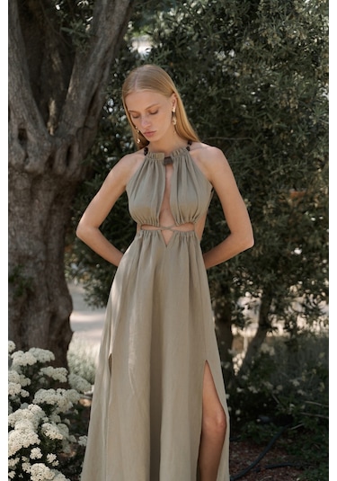 Bunina Bağcıklı Boncuk Detay Haki Uzun Elbise Haki