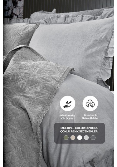 Evlen Home %100 Pamuk Çift Kişilik Özel Taş Yıkama Nevresimli Yatak Örtüsü Seti 7 Parça Yumuşak Barbara Gri
