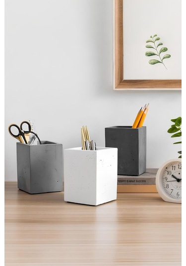 Beton Kalemlik 3 Lü Set Modern Dekoratif Organizer, Vazo, Saksı, Diş Fırçalık Çok Frenkli