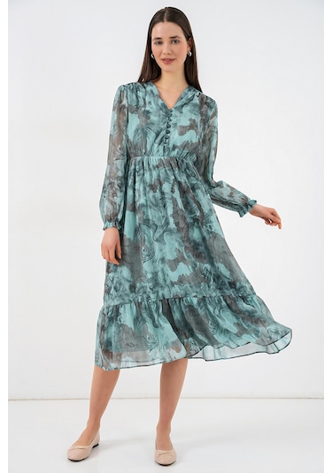 Bigdart 2137 Desenli Şifon Elbise - Mint Yeşili