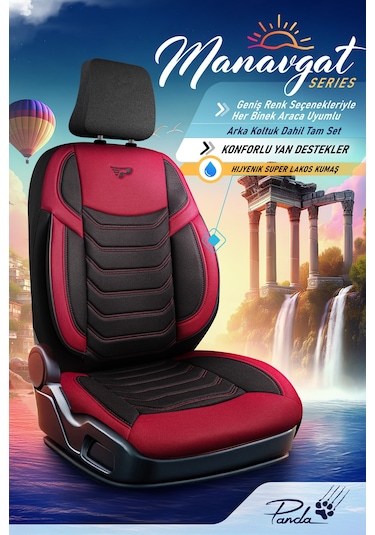 Siyah - Kırmızı Garni Panda Manavgat Serısı Lakos Kumaş Oto Koltuk Kılıfı - Tam Set