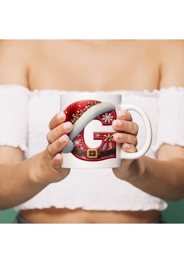 G Harfi Yılbaşı Temalı Bardak 330 Ml Harfli Kişiye Özel Hediye - Yeniyıl / Noel Şapka Tasarım Beyaz