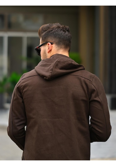 Koyu Kahve Renk Kapüşonlu Kot Ceket Koyu Kahverengi