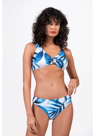 Endeep Kadın Ayarlanabilir Askılı Desenli Toparlayıcı Bikini Takımı Beyaz-mavi