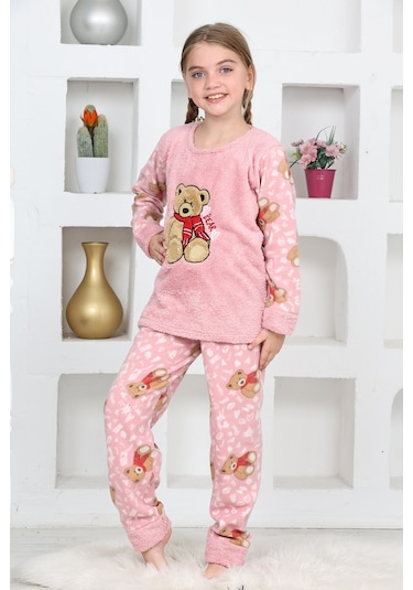 Kız Çocuk Welsoft Kumaş-göz Bantlı Ayıcık Baskılı Pijama Takımı 12293 Gül Kurusu