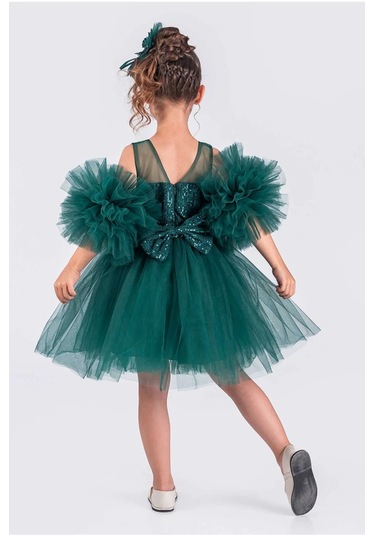 Kız Çocuk Abiye Elbise Ponpon Kol Pul Payetli Tütülü Yeşil