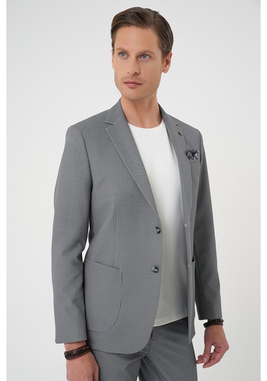 Comfort Fit Mono Yaka Çift Yırtmaç Torba Cep Kendinden Desenli Casual Siyah Ceket C 705 Siyah