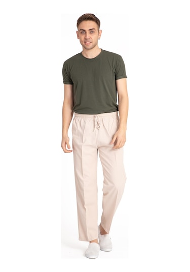 Erkek Ham Bez Lastikli Yüksek Bel Rahat Kalıp %100 Natural Pamuk Eşofman Alt Pantolon Alt Giyim 2188-Krem
