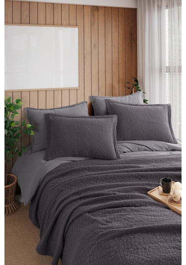 İyi Geceler İstanbul Zen Stone Antrasit Çift Kişilik %100 Pamuk Yatak Örtüsü Seti Antrasit