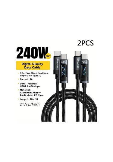 Willowhaven Essager 240w Dokuma Usb C Kablo 2 Adet Macbook Uyumlu Pro 2020 İpad Uyumlu Pro Şarj Kablosu 200cm Gri
