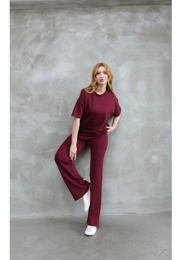 Osy Modal Yumuşak Dokulu Kumaş Bisiklet Yaka Taş Detaylı Kısa Kollu Takım - Bordo Bordo