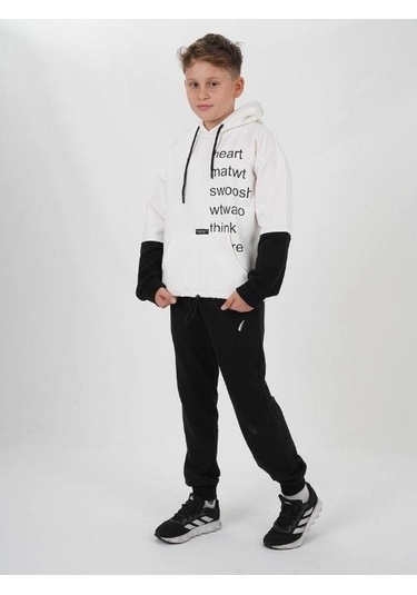 Çocuk Pamuklu Kapüşonlu Heart Mat Yazılı Sweatshirt-14830 Ekru