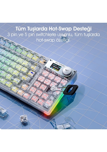 Aula F98 Pro Oled Ekranlı Makrolu Kablosuz Rgb Hot-swap Gasket Pre-lubed Switch Mekanik Klavye