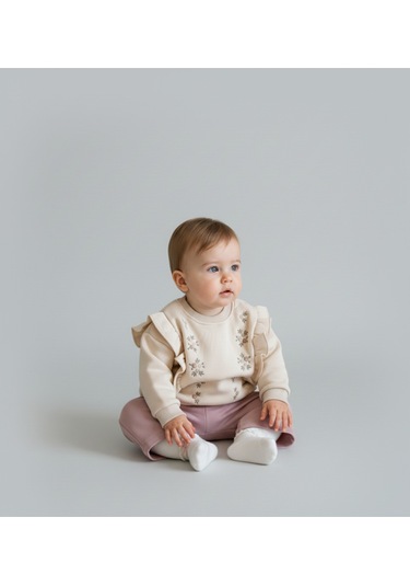 Fırfır Ve Nakış Detaylı Ekru Bebek Sweatshirt Ve Gül Kurusu Eşofman Takımı Ekru