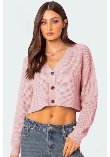 Madmext Pudra Uzun Kollu Düğmeli Crop Hırka Mg2198 Pudra