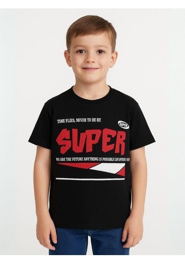Çocuk Super Yazılı Pamuklu Oversize T-shirt-16016 SIYAH