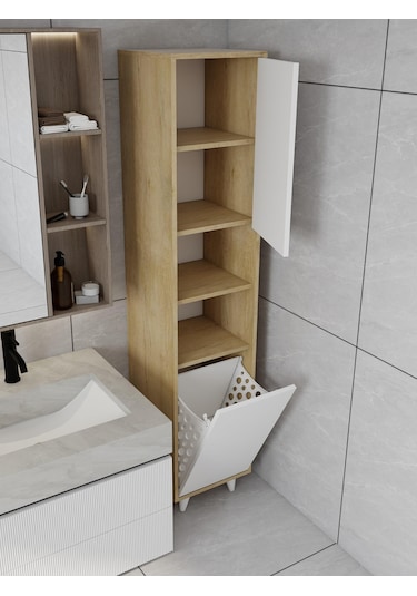 Riva Çamaşır Sepetli Banyo Dolabı Lefkaş Meşe Renk Meşe - Beyaz