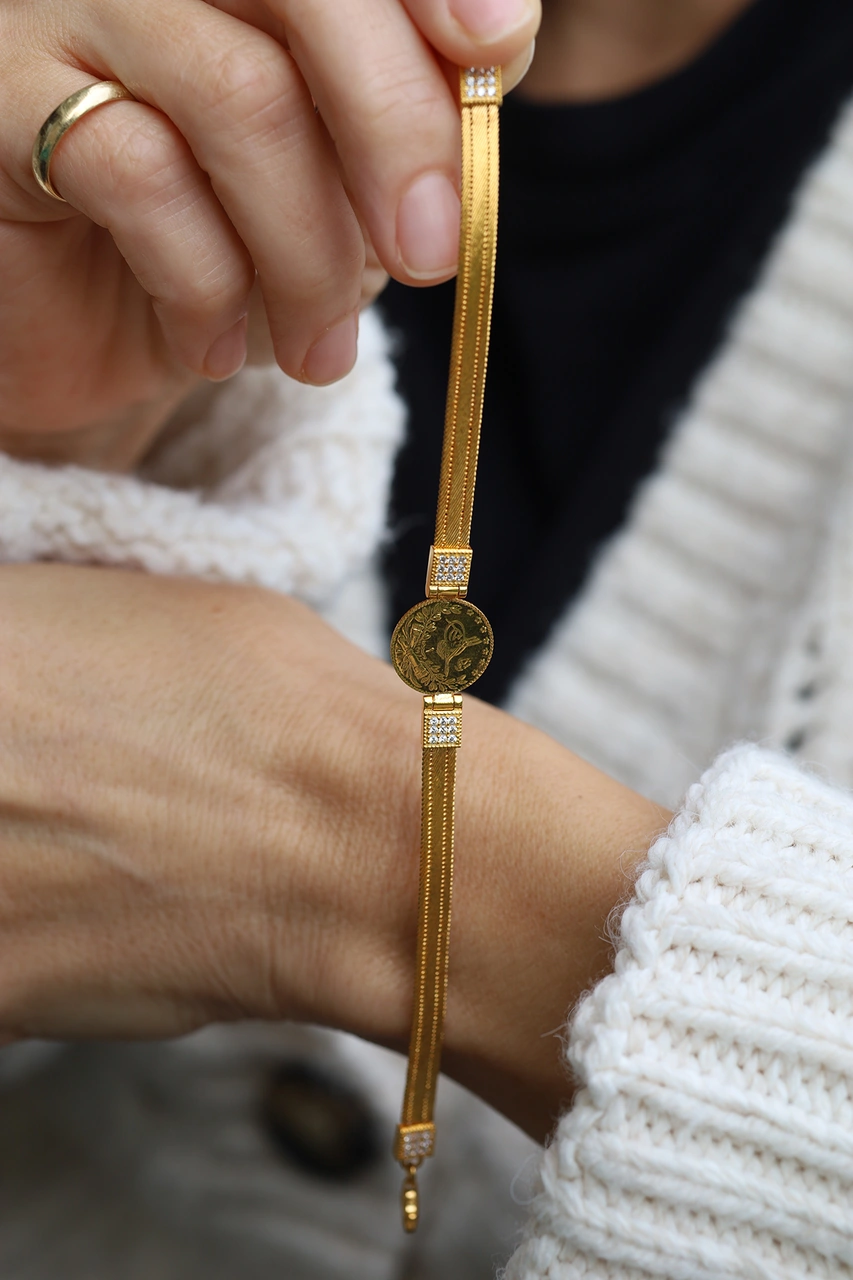 14 Ayar Altın Taş Ve Trabzon Hasır Detaylı 22 Ayar Çeyrek Reşatlı Bileklik Blk34844