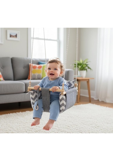 Ahşap Çocuk & Bebek Salıncağı Gri Renk Minder Yastık Ve Diş Halkalı Tavan Salıncak