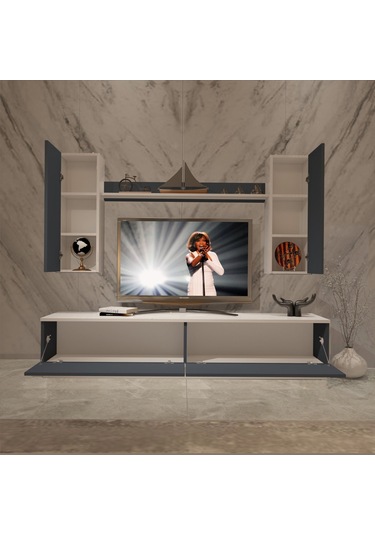 Decoraktiv Eko 5db Mdf Std Tv Ünitesi Tv Sehpası Beyaz - Antrasit