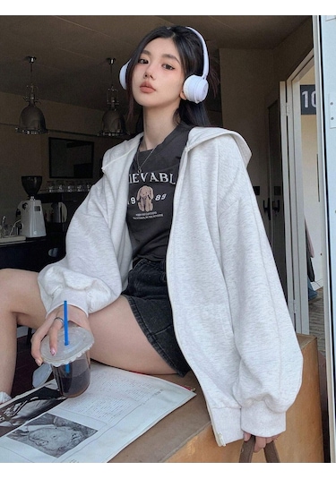 Significant Damebb Fermuarlı Hırka Sweatshirt - Gri Baskılı Oversize Kışlık Kalın Kapüşonlu Gri